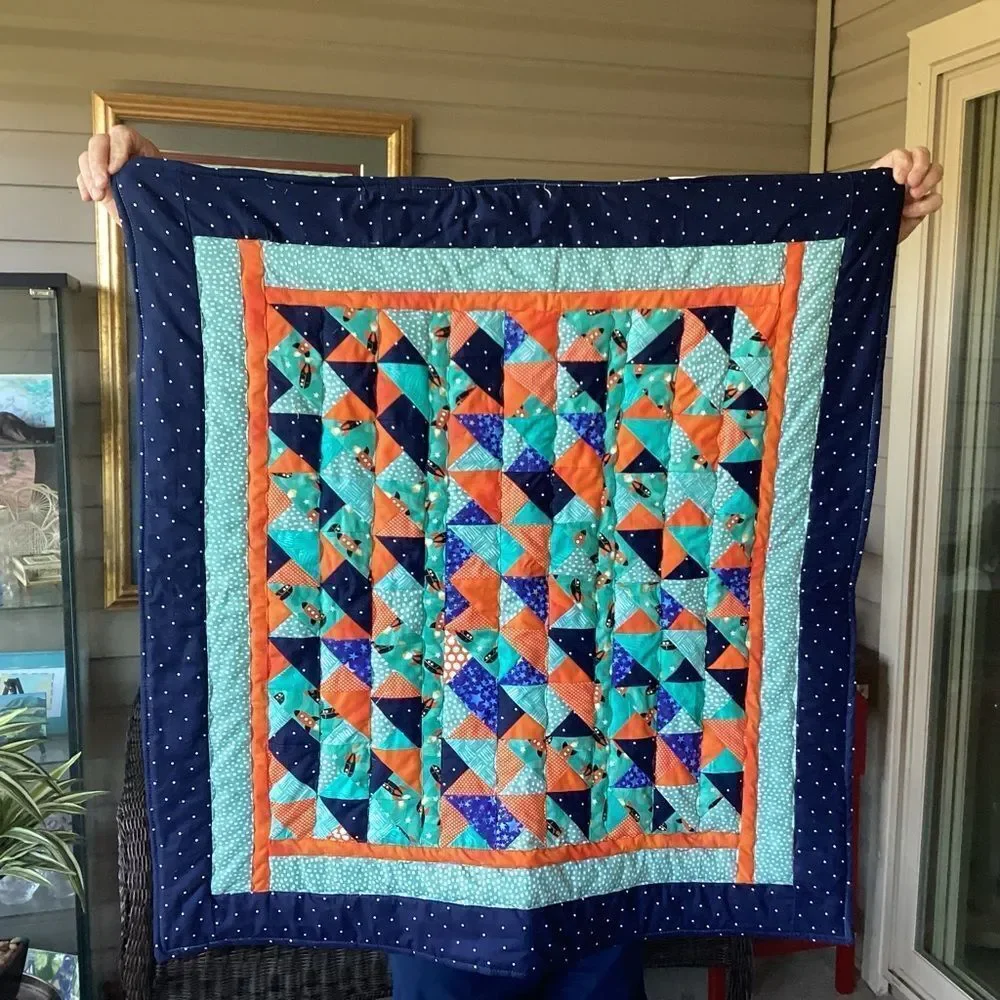 NWT. Hand Crafted To The Moon RocketshipColorful Patchwork Quilt w/ Teddy Quilt